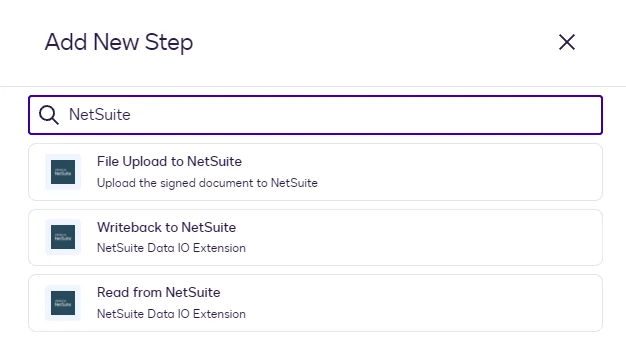The Add New Step dialog with NetSuite searched, showing File Upload to NetSuite, Writeback to NetSuite, and Read from NetSuite.