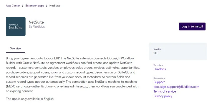The NetSuite app page in the Docusign App Center with the Log In to Install button.