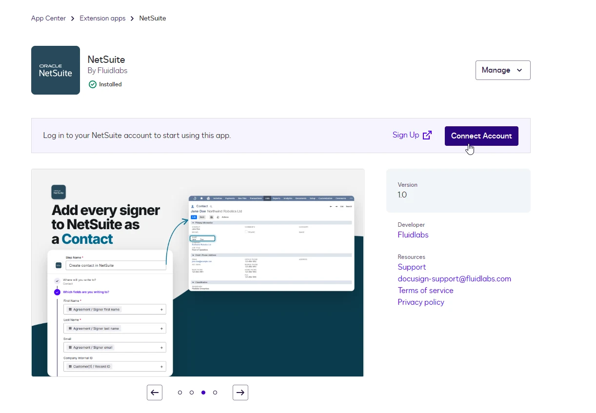 The installed NetSuite app page in the Docusign App Center with the Connect Account button.