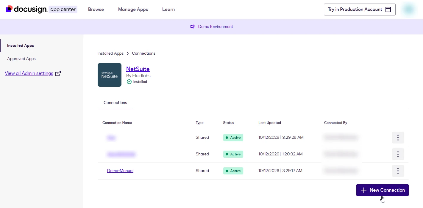 The NetSuite connections list showing three shared connections with an Active status and the New Connection button.