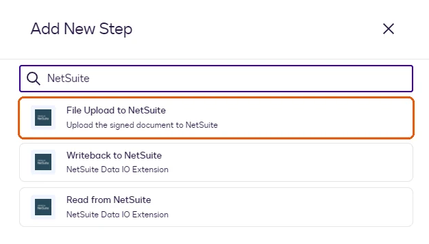 The Add New Step dialog with File Upload to NetSuite highlighted.
