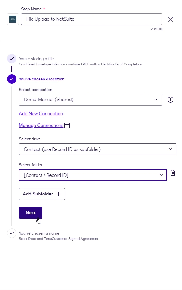 The File Upload location with the Contact drive, the Contact / Record ID variable as the folder, and the Next button.