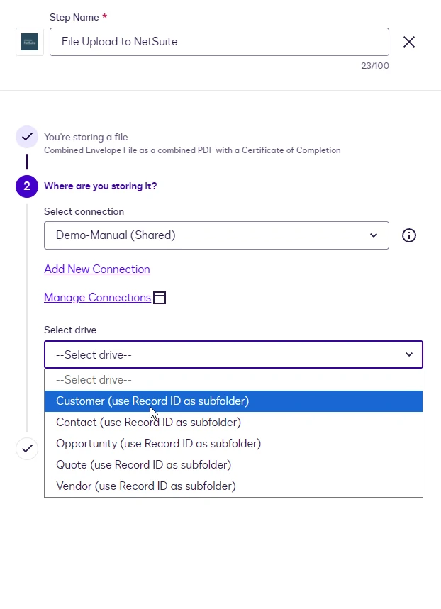 The Select drive dropdown listing the Customer, Contact, Opportunity, Quote, and Vendor drives.
