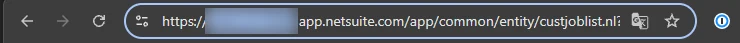 A NetSuite address in the browser bar with the account ID, hidden here, before .app.netsuite.com.