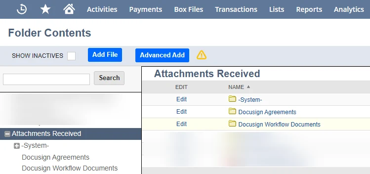 The NetSuite File Cabinet with the Docusign Workflow Documents folder inside Attachments Received.