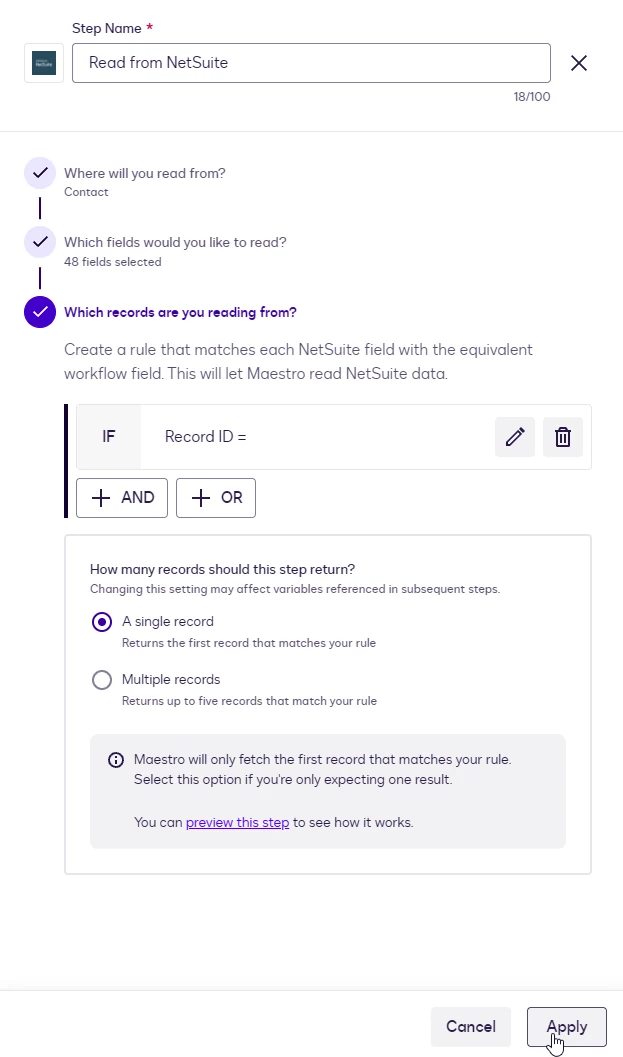 The completed rule Record ID equals, with A single record selected and the Apply button.