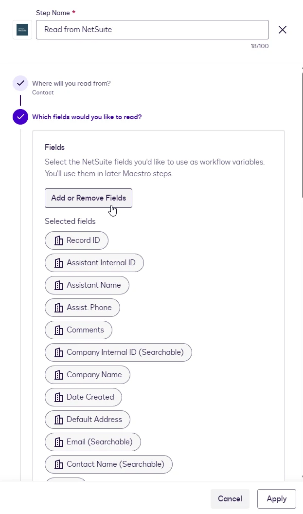 The Fields step listing the selected Contact fields.