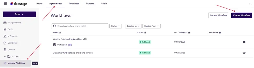 The Docusign Workflows screen showing existing workflows and the Create Workflow button.
