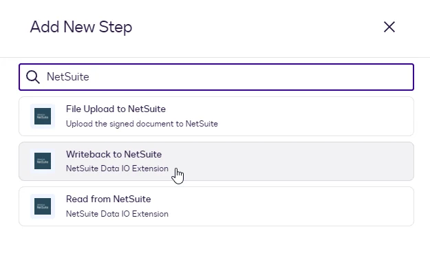 The Add New Step dialog with Writeback to NetSuite highlighted.