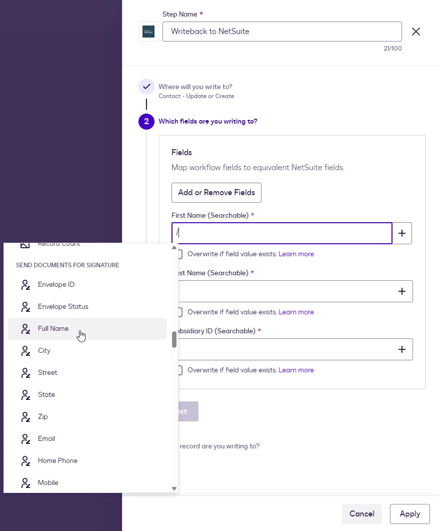The Writeback Fields step with First Name, Last Name, and Subsidiary ID rows and the variable picker open on Full Name from Send Documents for Signature.