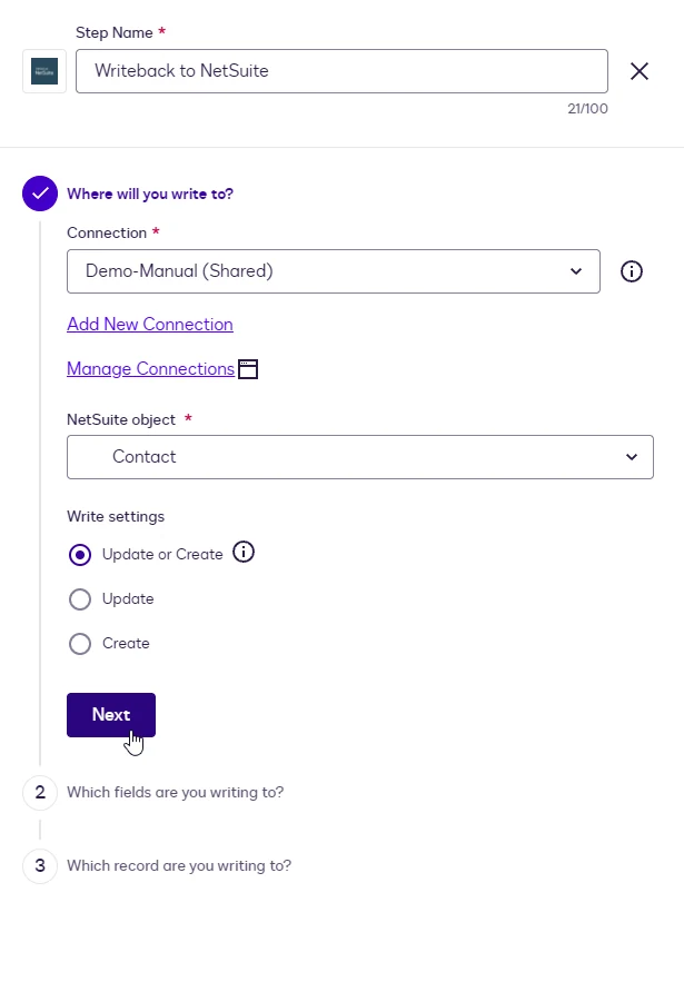 The Writeback step with Contact selected and the Write settings Update or Create, Update, and Create.