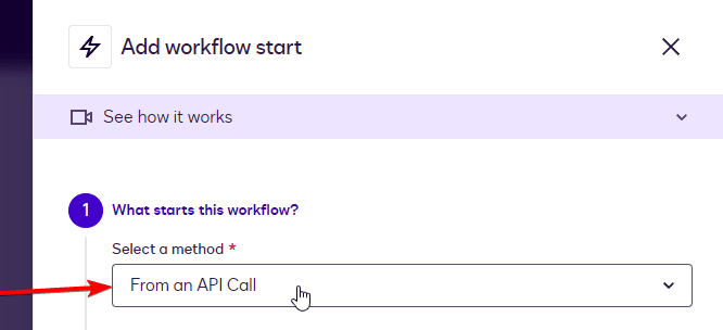 A screenshot showing 'Add workflow start' interface with 'From an API Call' selected as method.