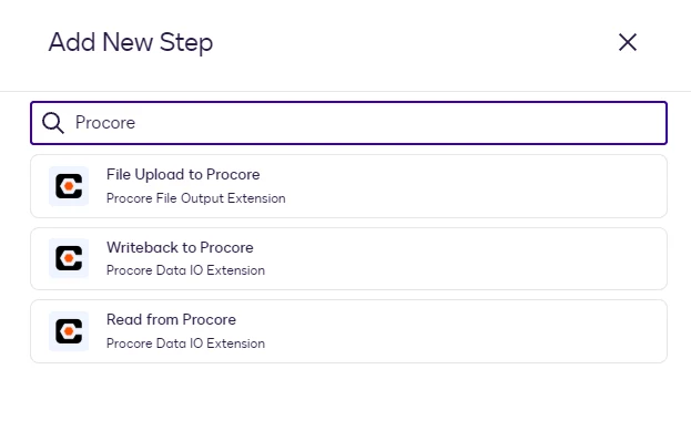 The Add New Step dialog with Procore searched, showing File Upload to Procore, Writeback to Procore, and Read from Procore.