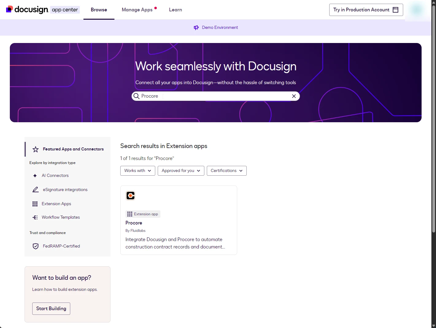 Docusign App Center search results showing the Procore extension app by Fluidlabs.