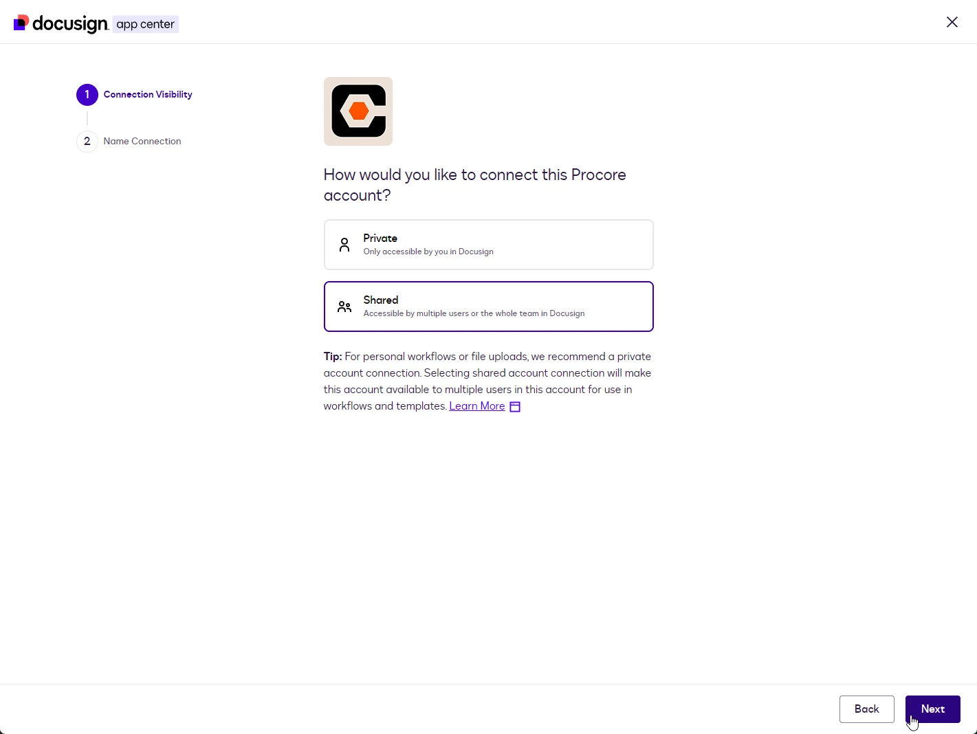 The Connection Visibility step with Private and Shared options; Shared is selected.