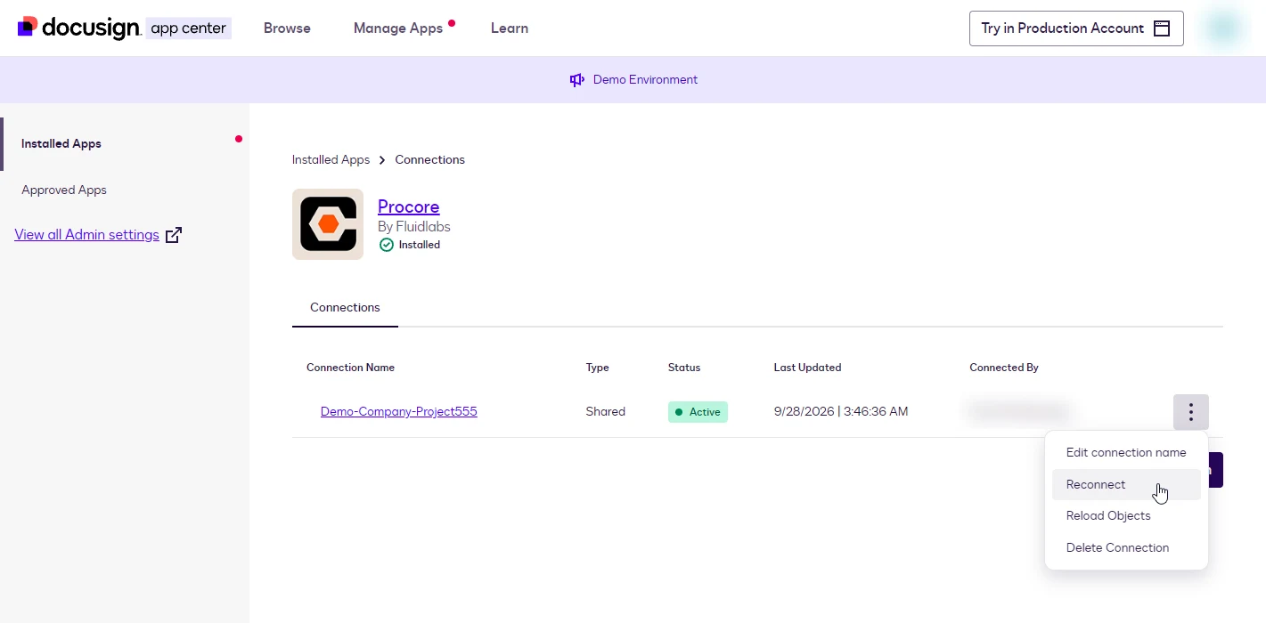 The Procore connections list with the three-dot menu open showing Edit connection name, Reconnect, Reload Objects, and Delete Connection.