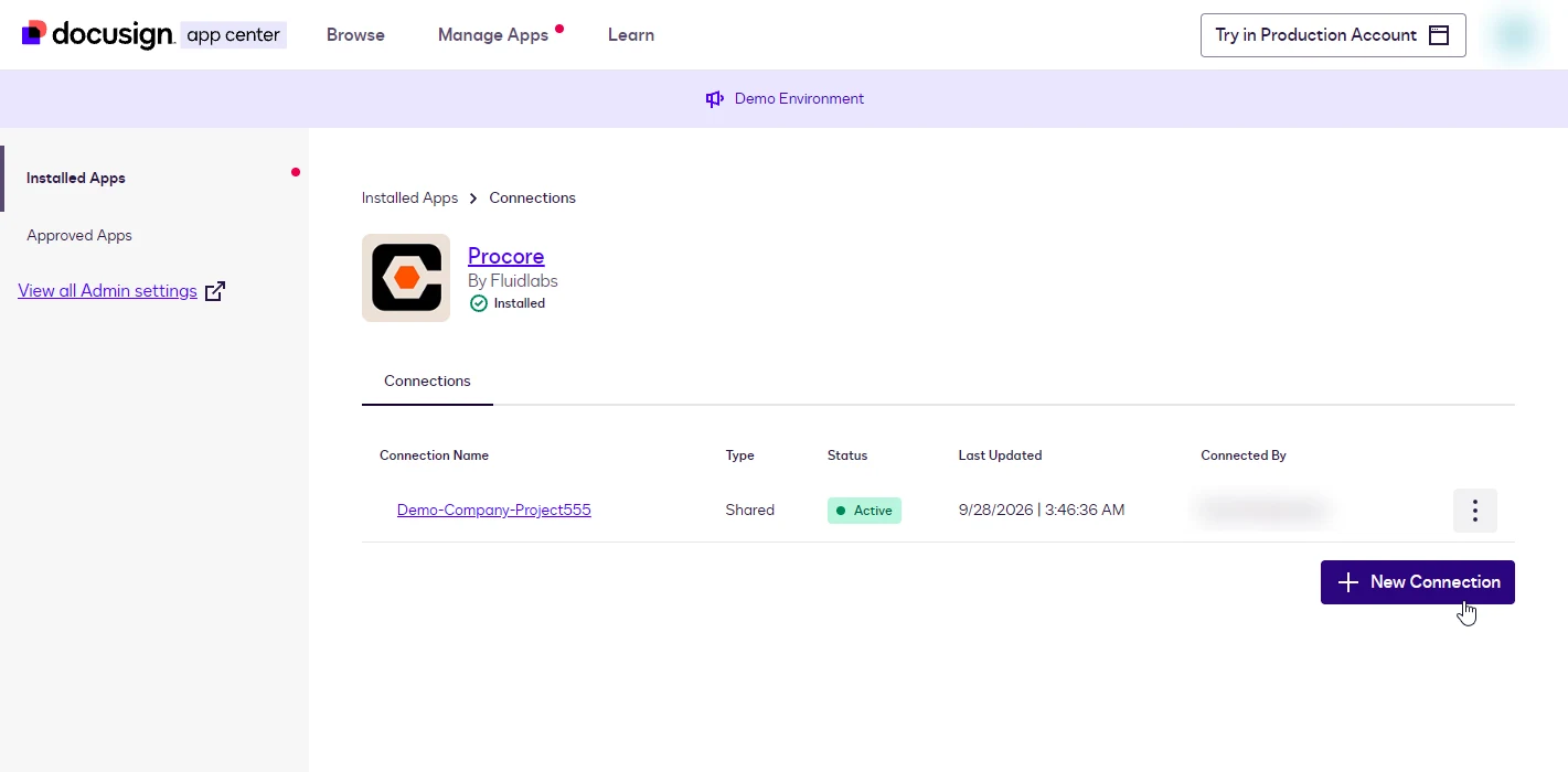 The Procore connections list showing one shared connection with an Active status and the New Connection button.