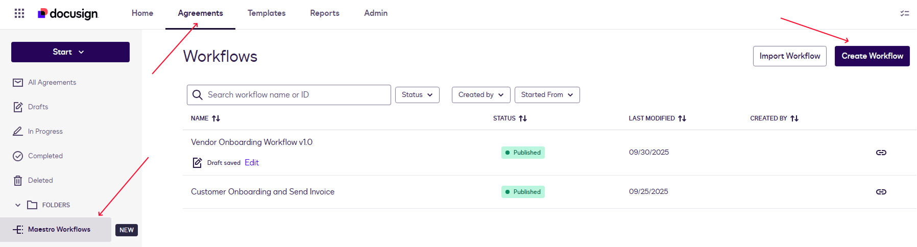 DocuSign Agreements tab shows the Workflows section with a search bar and Create Workflow button.