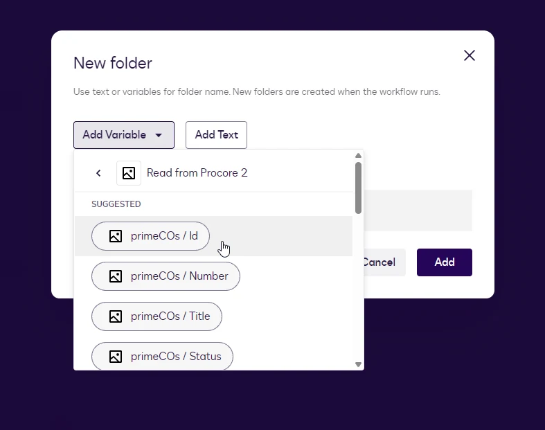 The Add Variable menu in the New folder dialog with primeCOs / Id under Read from Procore.