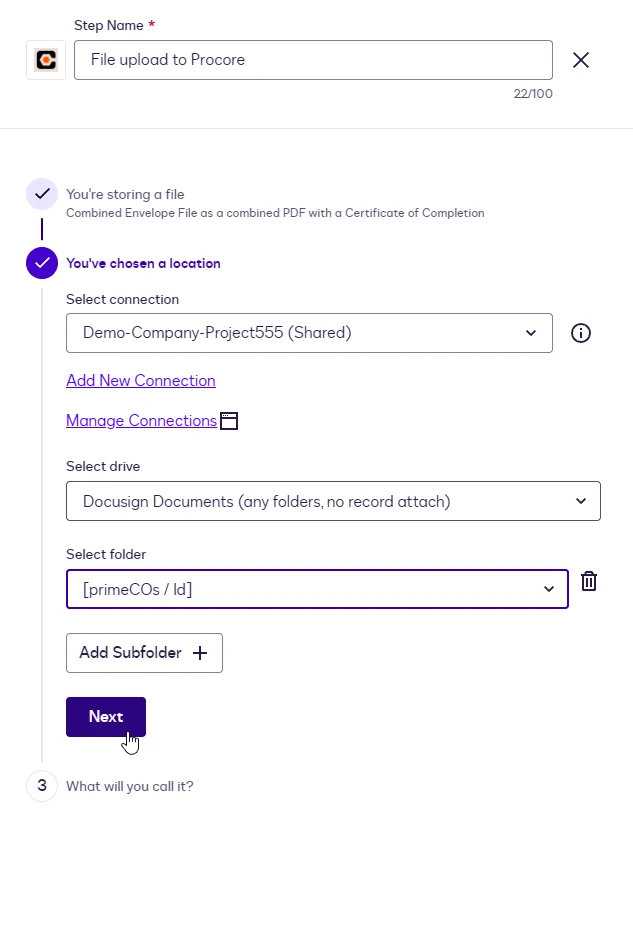 The File Upload location with the Docusign Documents drive and a primeCOs / Id variable as the folder.