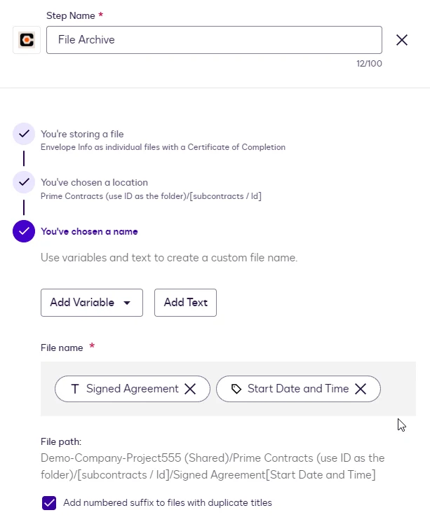 The file name step with the text Signed Agreement and a Start Date and Time variable, and the resulting file path.