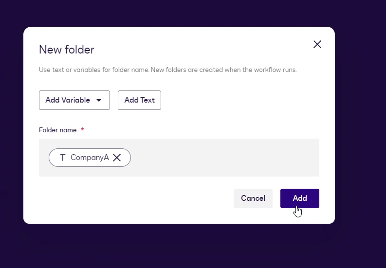The New folder dialog with the text CompanyA as the folder name.