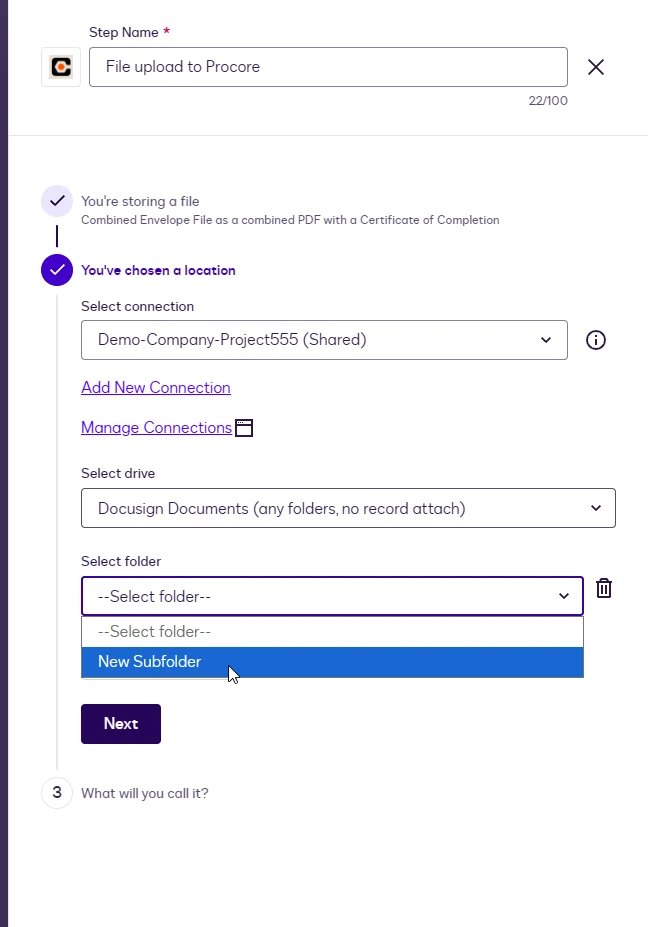 The Select folder dropdown open with the New Subfolder option highlighted.