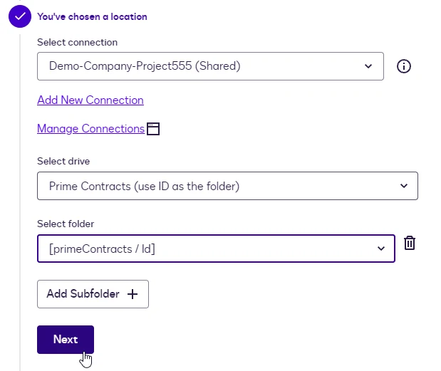 The File Upload location with the Prime Contracts drive, the primeContracts / Id variable as the folder, and the Next button.