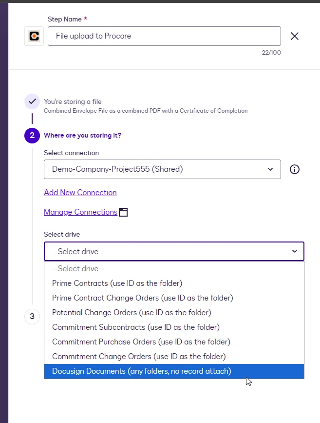 The Select drive dropdown listing the six record drives and Docusign Documents.