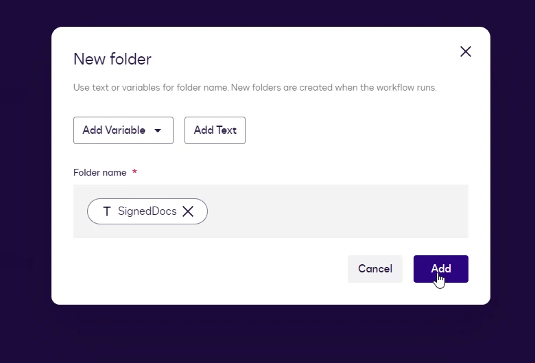 The New folder dialog with the text SignedDocs as the subfolder name.