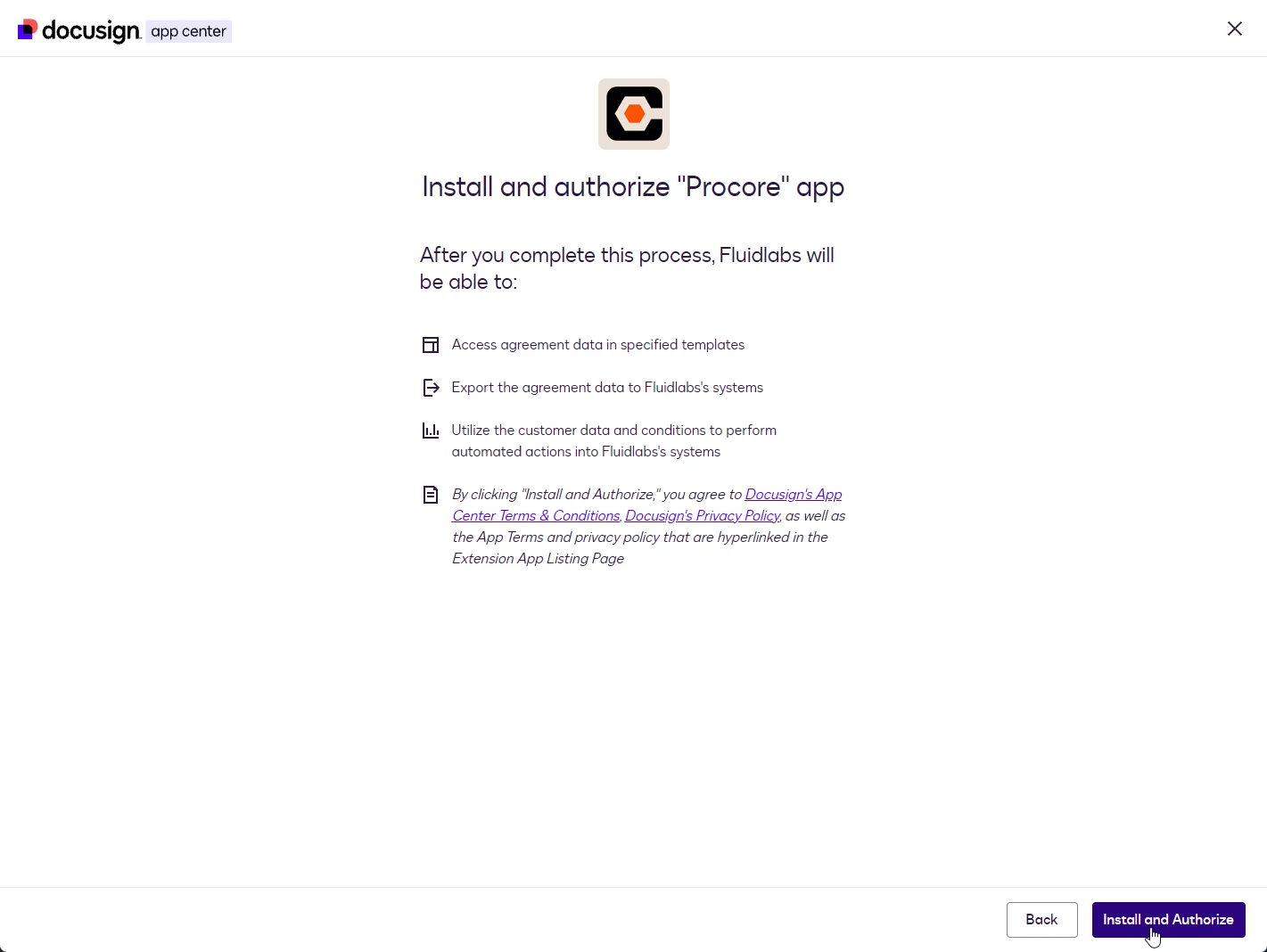 The Install and authorize Procore app screen listing the requested access, with the Install and Authorize button.