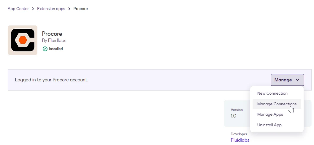 The Manage dropdown on the Procore app page showing New Connection, Manage Connections, Manage Apps, and Uninstall App.