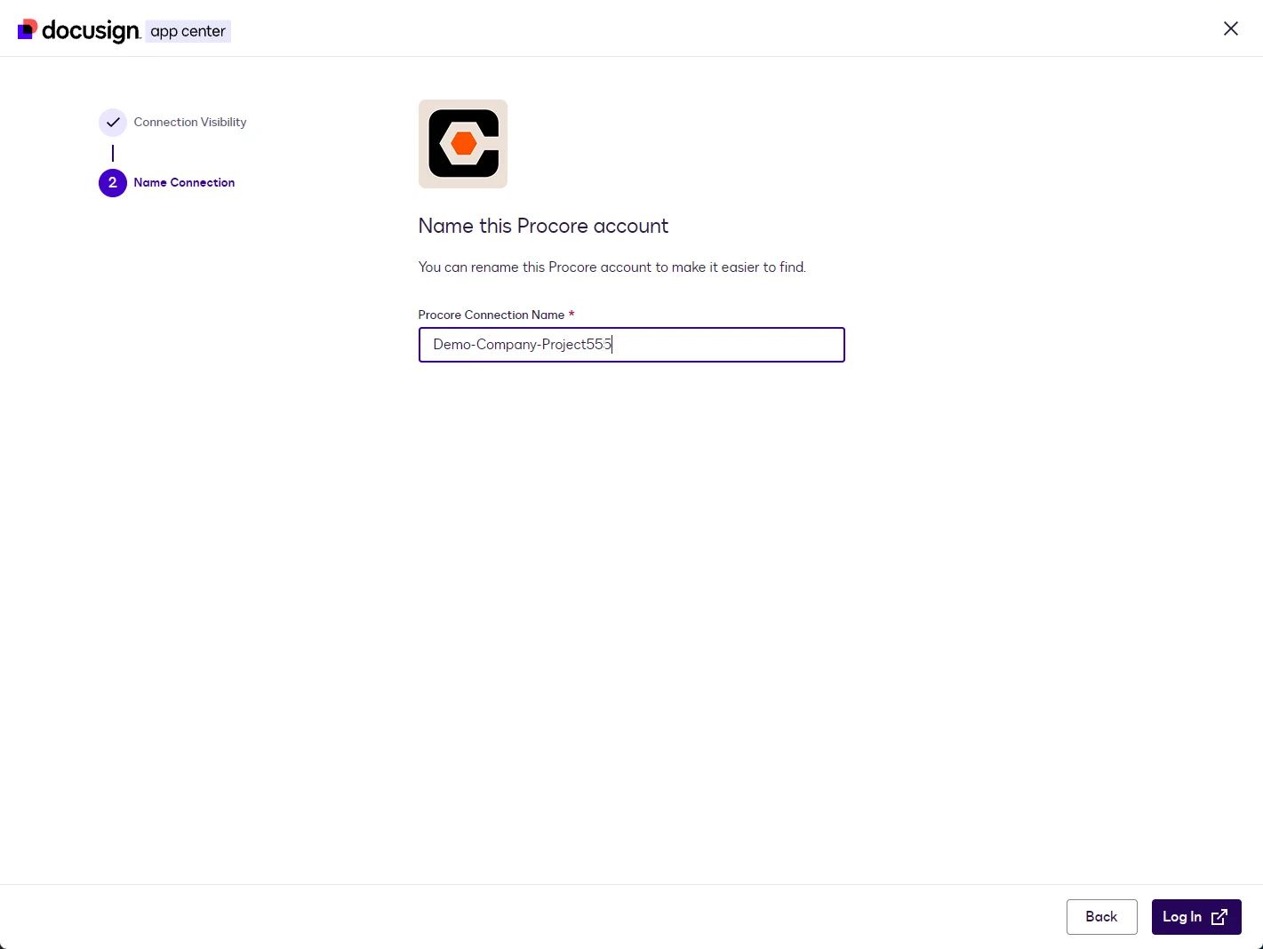 The Name Connection step with the connection name Demo-Company-Project555 entered.