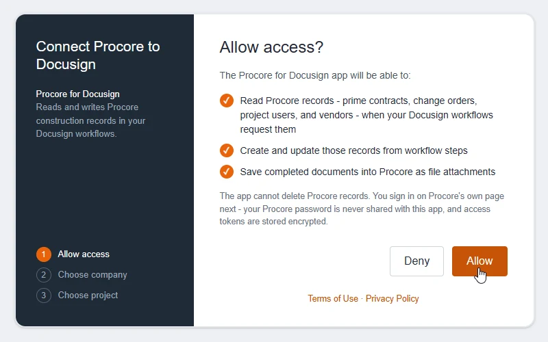 The Procore Allow access screen listing what the Procore for Docusign app can do, with the Deny and Allow buttons.