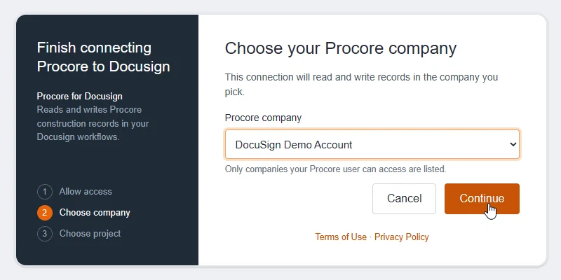 The Choose your Procore company step with a company selected and the Continue button.