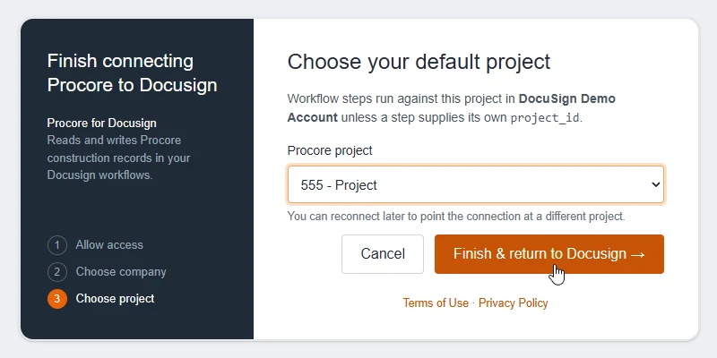 The Choose your default project step with a project selected and the Finish and return to Docusign button.