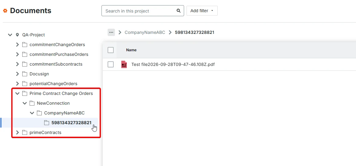 Procore Documents showing the Prime Contract Change Orders folder with the NewConnection and CompanyNameABC subfolders and a record Id folder holding the uploaded file.