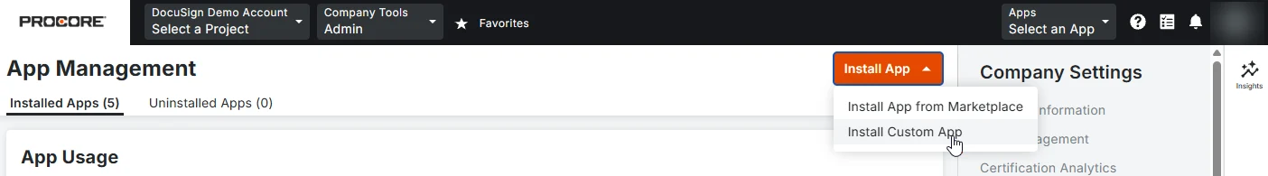 The Procore App Management page with the Install App menu open and Install Custom App highlighted.