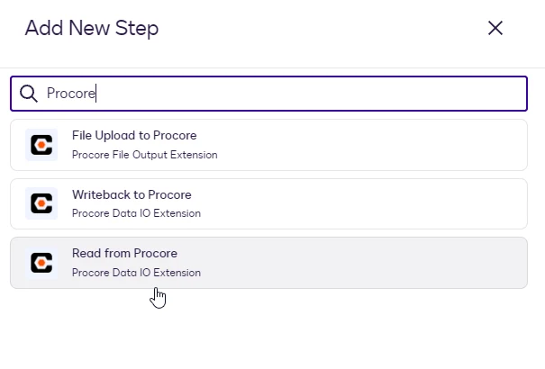 The Add New Step dialog with Read from Procore highlighted.