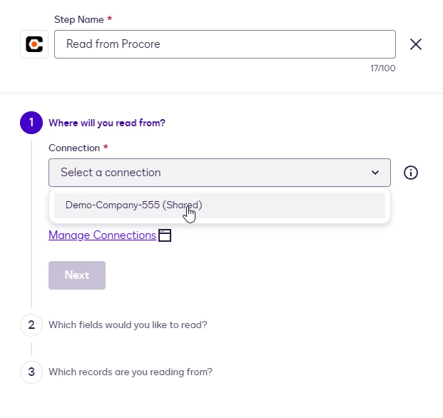 The Read step Connection dropdown showing the Procore connection.