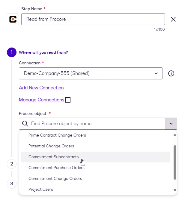 The Procore object dropdown in the Read step with Commitment Subcontracts highlighted.