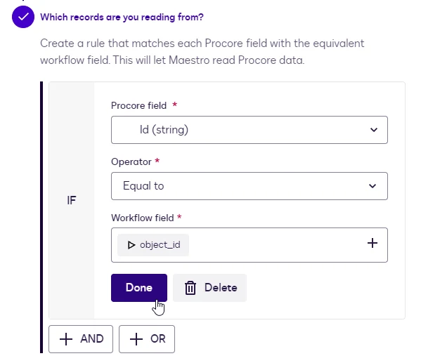 The record-matching rule: Id equals object_id, with the Done button.