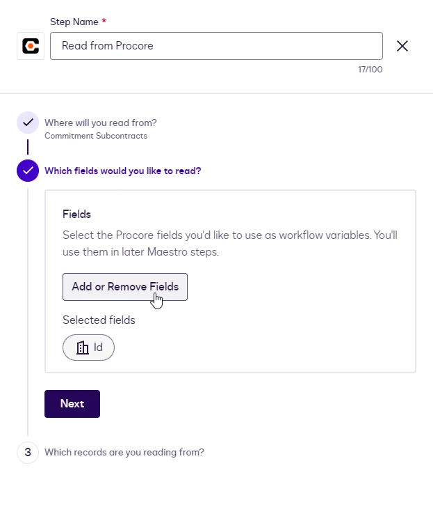 The Fields step with the Add or Remove Fields button and the Id field selected.