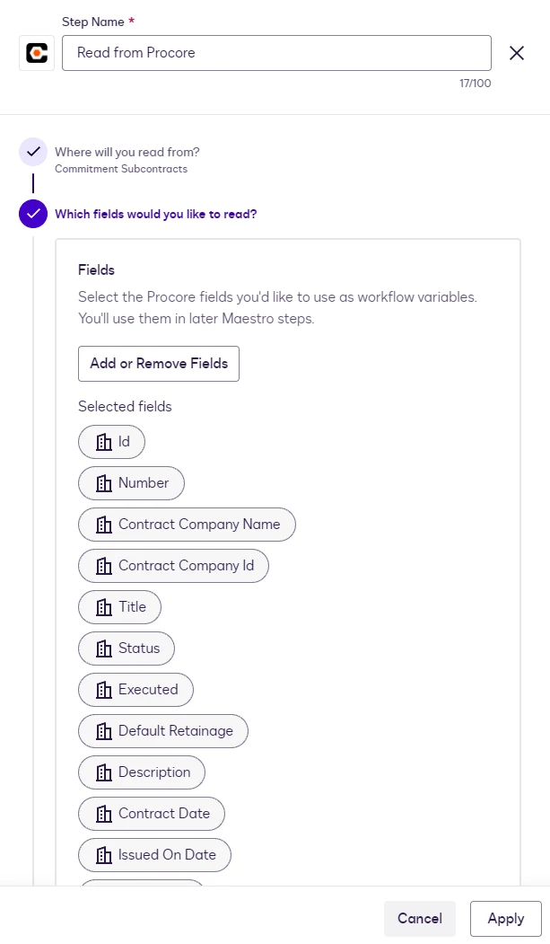 The Fields step listing the selected Commitment Subcontracts fields.