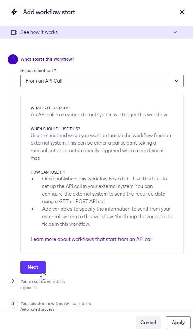 The Add workflow start panel with From an API Call selected as the method.