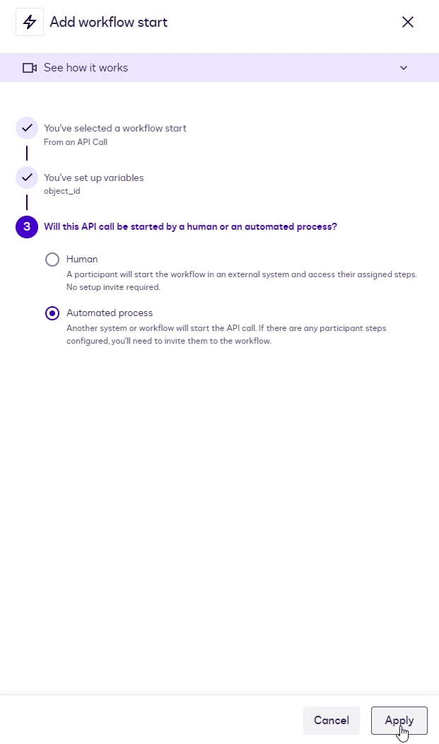 The process-type step with Automated process selected and the Apply button.