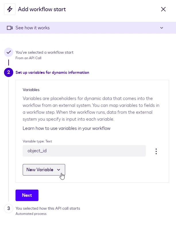 The variables step with a Text variable named object_id.
