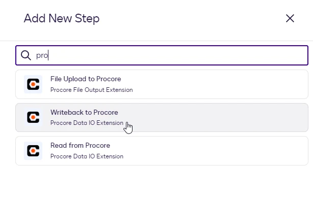 The Add New Step dialog with Writeback to Procore highlighted.