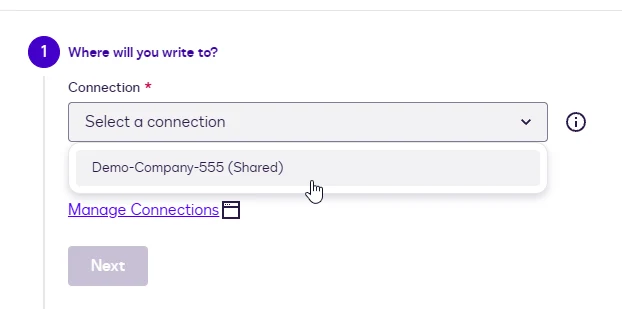 The Writeback step Connection dropdown showing the Procore connection.