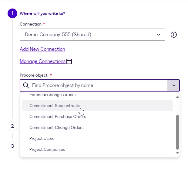 The Procore object dropdown in the Writeback step with Commitment Subcontracts highlighted.